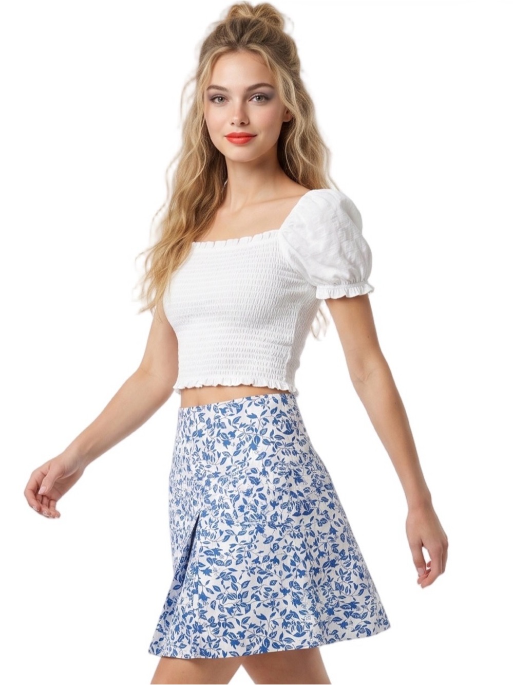 DVF Blue and white Dainty print mini skirt front kick pleat contour waist Aline - Picture 3 of 14
